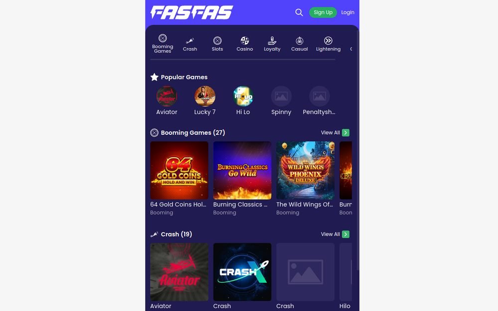 Picha ya skrini ya ukurasa wa mbele wa tovuti ya Fasfas Games