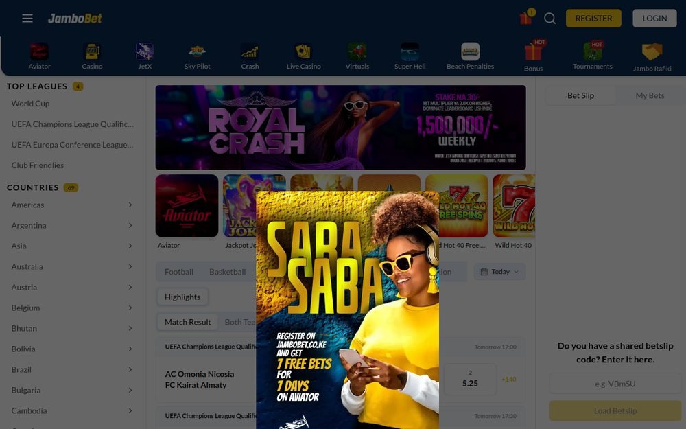 Picha ya skrini ya ukurasa wa mbele wa tovuti ya JamboBet