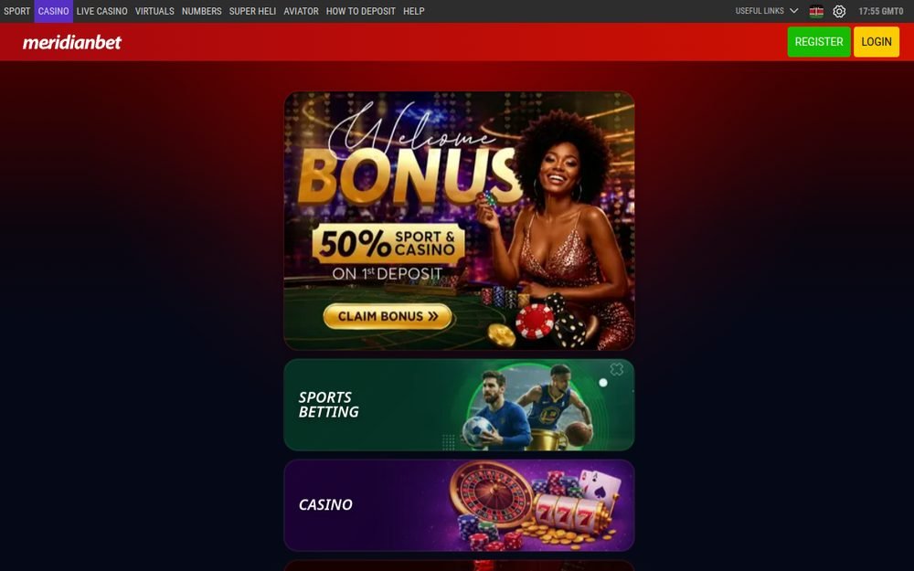 Picha ya skrini ya ukurasa wa mbele wa tovuti ya MeridianBet