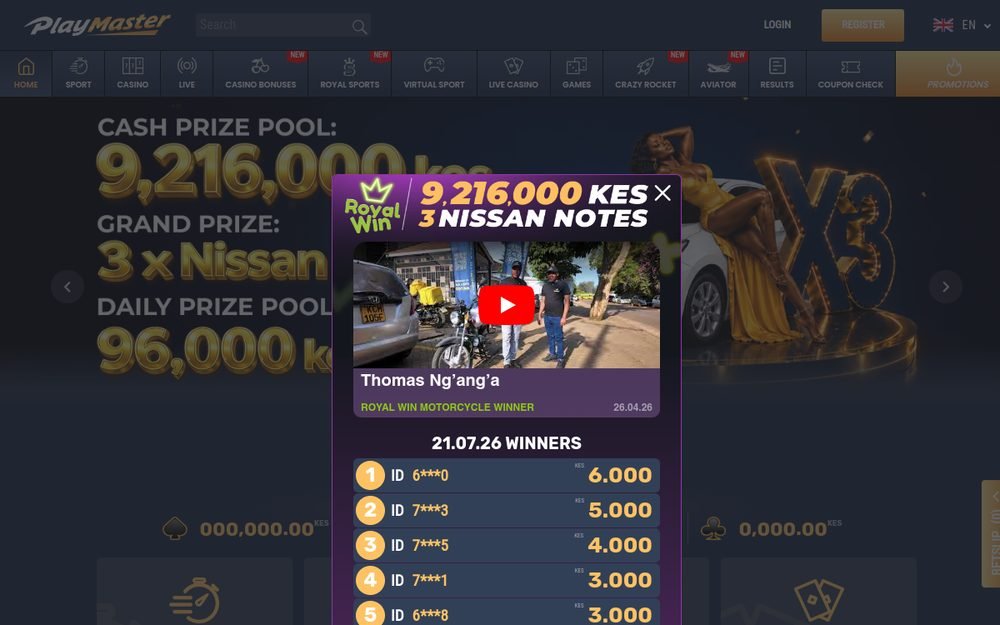 Picha ya skrini ya ukurasa wa mbele wa tovuti ya Play Master