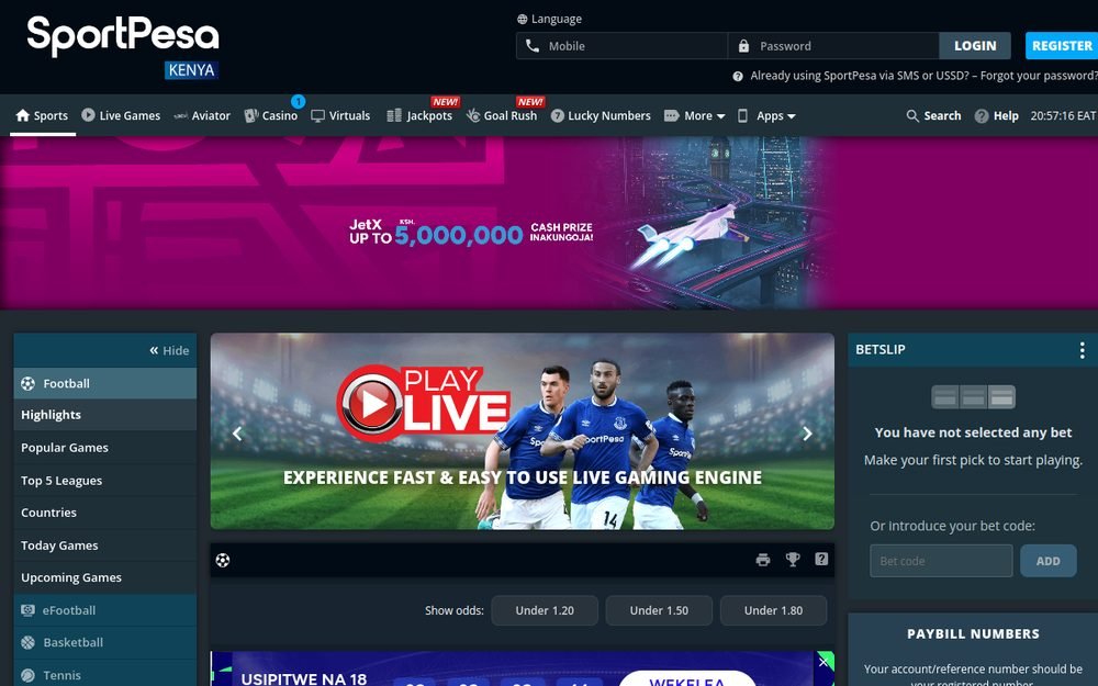 Picha ya skrini ya ukurasa wa mbele wa tovuti ya SportPesa