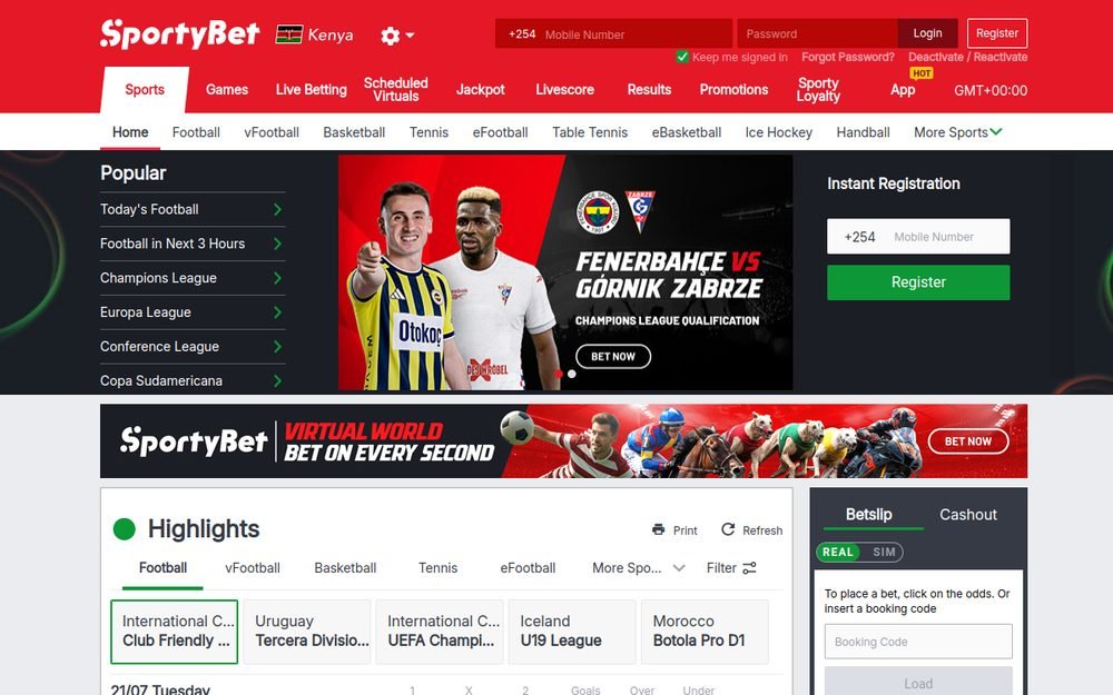 Picha ya skrini ya ukurasa wa mbele wa tovuti ya SportyBet